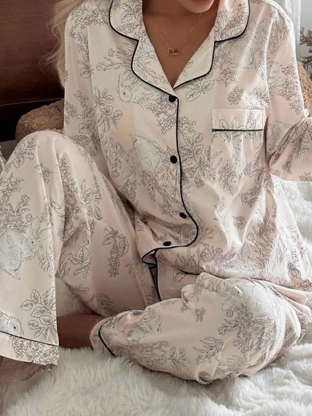 New Women’s Floral Pajama Set pink Blush Black Piping xs S